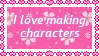 a deviantart stamp with text reading 'i love making characters' on a pink floral background